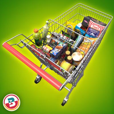 3D Model of Shopping cart full of grocery products - 3D Render 3